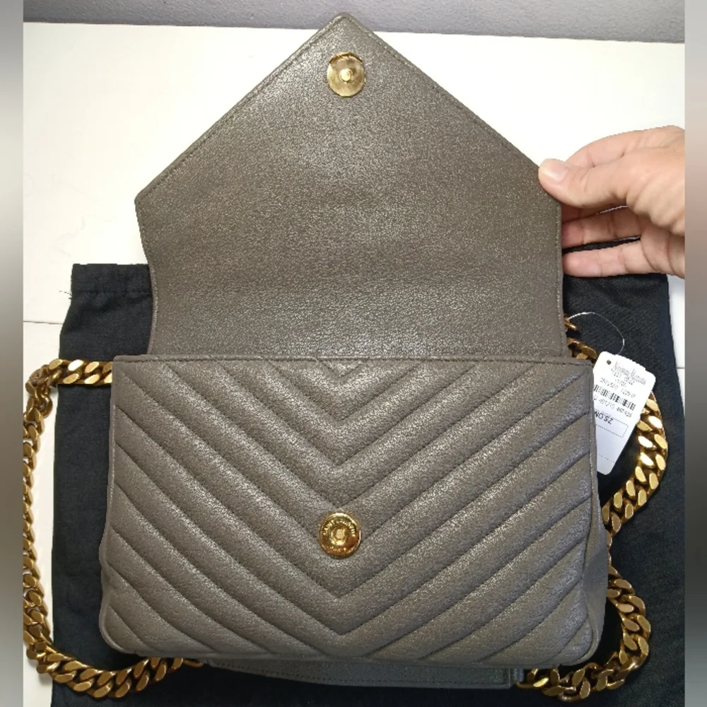 NEW SAINT LAURENT COLLEGE MEDIUM CHAIN BAG IN QUILTED LEATHER GREY GOLD - Picture 8 of 16